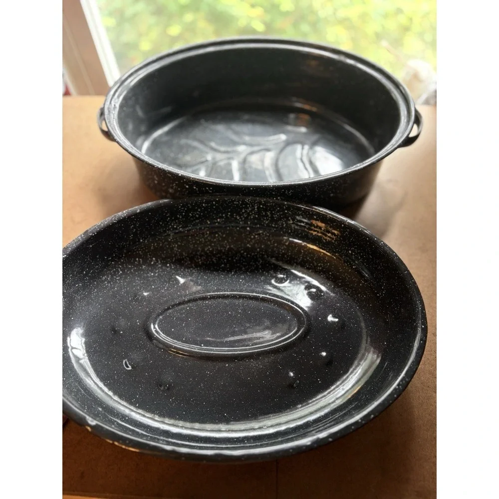 Vintage Blue Speckled Enamel Roasting Pan w Lid Oval Graniteware Roaster